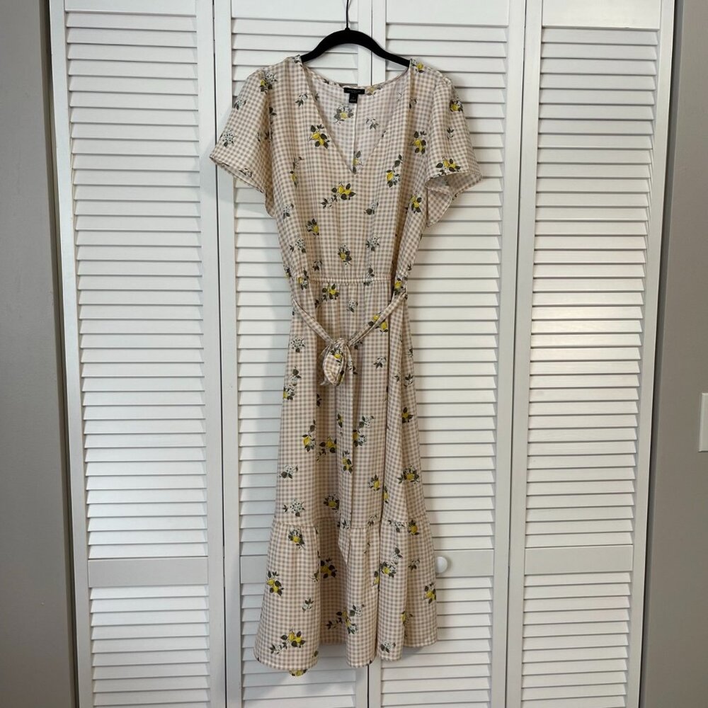 Ann Taylor Factory Neutral Plaid and Citrus Novelty Print Dress